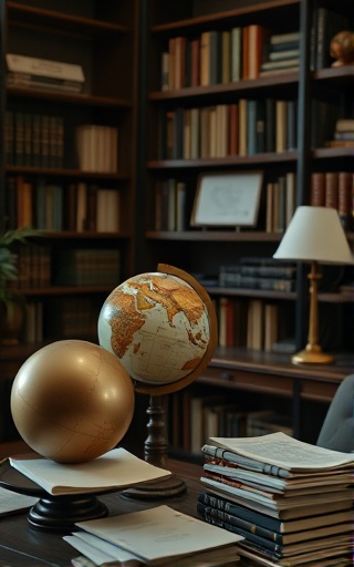 cozy home office, thoughtful, managing wealth, photorealistic, well-organized study with bookshelves and a vintage globe, highly detailed, paper rustling gently in a breeze, extremely detailed, muted tones, ambient lighting, shot with a 70mm macro lens.