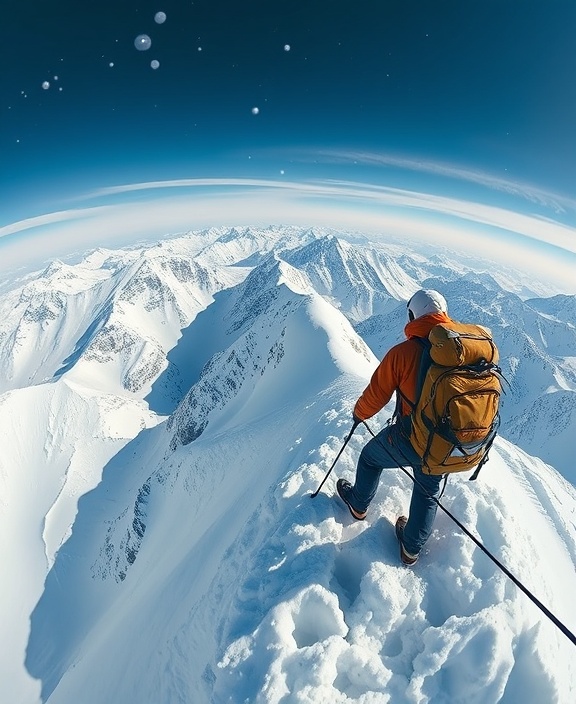focused mission goals, ambitious, climbing a mountain, photorealistic, snow-capped peaks and endless sky, highly detailed, swirling snowflakes carried by wind, 4k resolution, crisp white and deep blue, high-contrast lighting, shot with a 16mm fisheye lens.