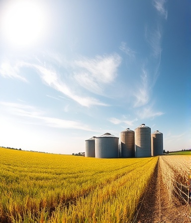 prosperous farm, satisfied, generating passive cashflow, photorealistic, vast farmland under a clear sky with lush crops and silos, highly detailed, drifting clouds casting shadows, ultra-sharp detail, earthy colors, natural sunlight, shot with a 16mm fisheye lens.