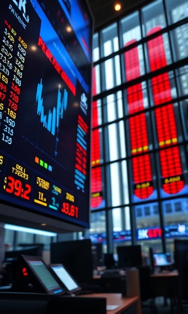 busy stock market screen, focused, gaining passive earnings, photorealistic, lively financial district office with large windows, highly detailed, ticker tape scrolling, high-definition, cobalt blue, artificial indoor lighting, shot with a 50mm standard lens.