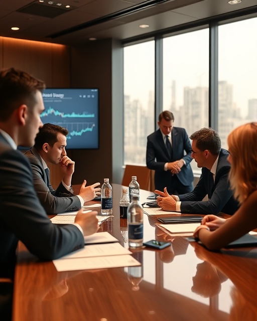 dynamic meeting conference, focused, discussing strategies, photorealistic, sleek boardroom with a large display screen, highly detailed, animated gestures, 32k resolution, warm tones, soft lighting, shot with a 85mm lens.