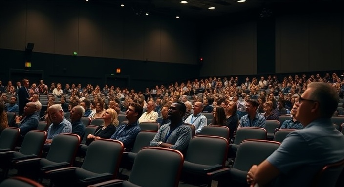insightful conference sessions, attentive, listening intently, photorealistic, large auditorium setting with empty chairs, highly detailed, speaker on stage, 32k resolution, neutral colors, spotlight lighting, shot with a 70-200mm lens.