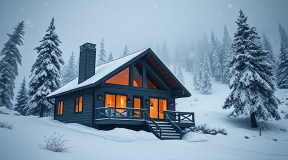 peaceful mountain cabin, reflecting, enjoying financial freedom, photorealistic, nestled in a snowy landscape with smoke wafting from the chimney, highly detailed, soft snowflakes falling, intricate detail, monochromatic white, warm interior glow, shot with a 14mm ultra-wide lens.