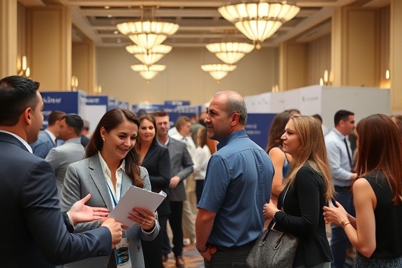 interactive conference networking, enthusiastic, mingling professionals, photorealistic, elegant lobby area with event booths, highly detailed, exchanging business cards, 32k resolution, varied colors, ambient lighting, shot with a 35mm lens.